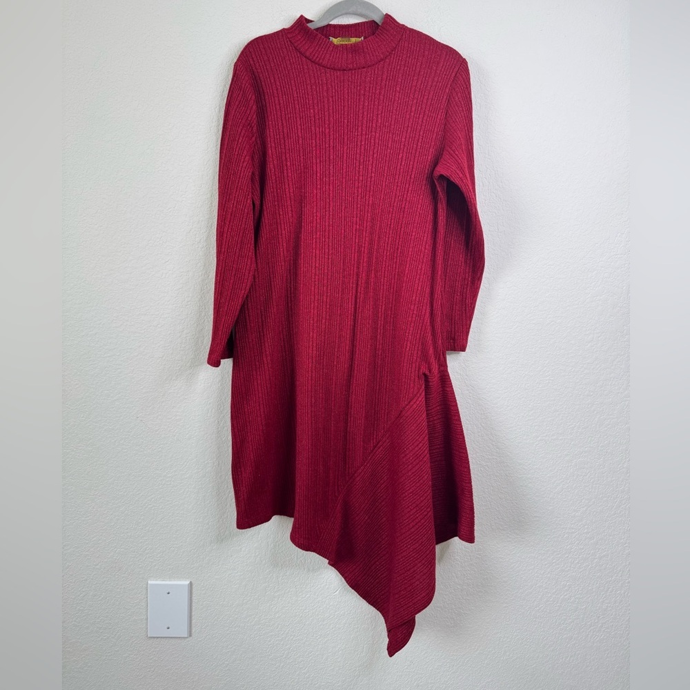 Melonie T Women’s 2X Red Metallic Ribbed Asymmetrical Hem Sweater Dress Metallic